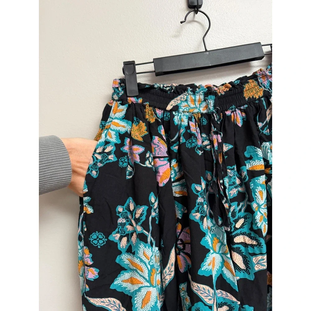 Free People Take It Easy Lounge Pants Floral Black Boho Palazzo Wide Leg Pockets